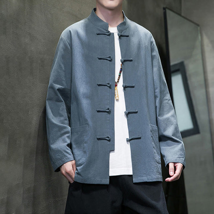 Buddha Stones無地 カエルボタン 唐装 コットンリネン メンズ ジャケット シャツ ポケット付き - image 4