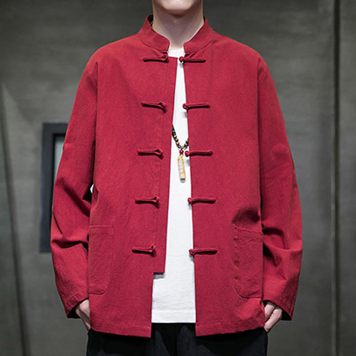 Buddha Stones無地 カエルボタン 唐装 コットンリネン メンズ ジャケット シャツ ポケット付き - クリムゾン - US/UK/AU46、 EU56 (5XL) - image 33