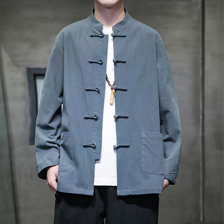 Buddha Stones無地 カエルボタン 唐装 コットンリネン メンズ ジャケット シャツ ポケット付き - スティールブルー - US/UK/AU46、 EU56 (5XL) - image 0