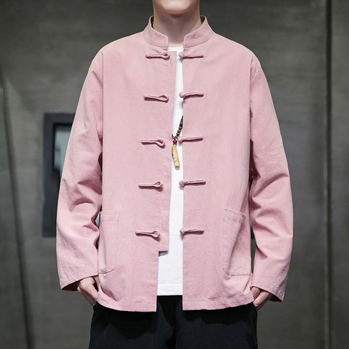 Buddha Stones無地 カエルボタン 唐装 コットンリネン メンズ ジャケット シャツ ポケット付き - ライトピンク - US/UK/AU46、 EU56 (5XL) - image 25