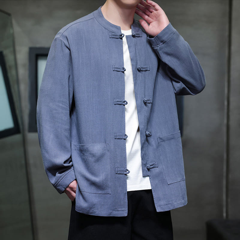 Buddha Stonesカジュアル 無地 フロッグボタン リネン メンズ ジャケット シャツ ポケット付き - image 3
