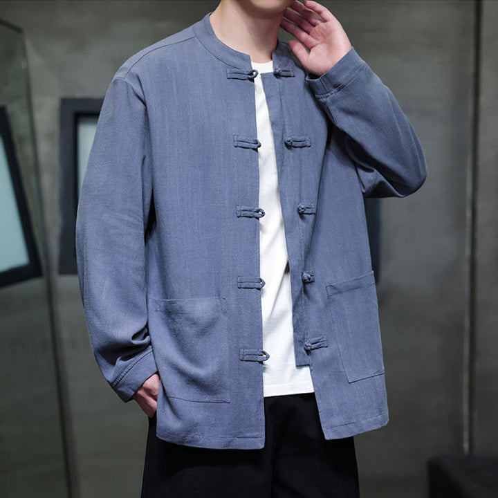 Buddha Stonesカジュアル 無地 フロッグボタン リネン メンズ ジャケット シャツ ポケット付き - image 3
