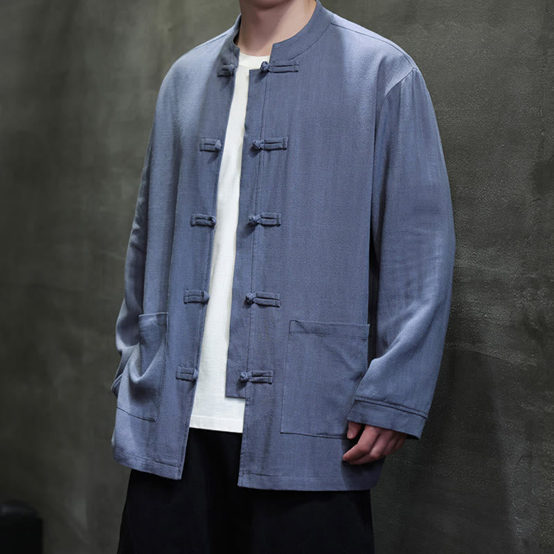 Buddha Stonesカジュアル 無地 フロッグボタン リネン メンズ ジャケット シャツ ポケット付き - image 2