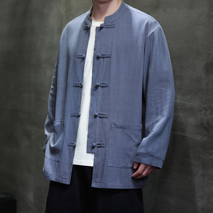 Buddha Stonesカジュアル 無地 フロッグボタン リネン メンズ ジャケット シャツ ポケット付き - image 2