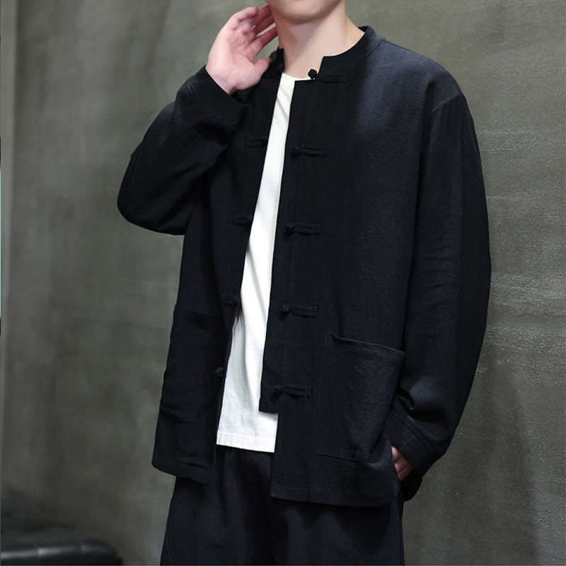 Buddha Stonesカジュアル 無地 フロッグボタン リネン メンズ ジャケット シャツ ポケット付き - image 13