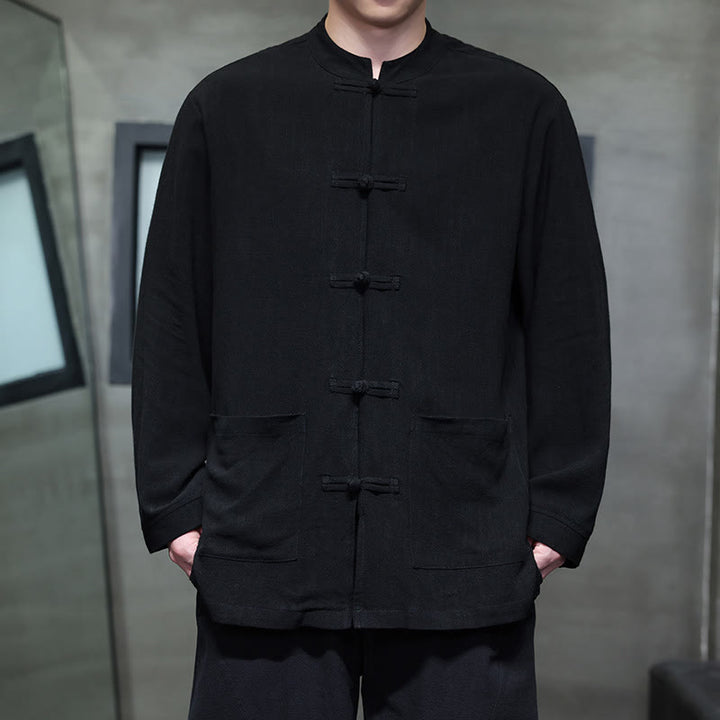 Buddha Stonesカジュアル 無地 フロッグボタン リネン メンズ ジャケット シャツ ポケット付き - 黒 - US/UK/AU46、 EU56 (5XL) - image 8