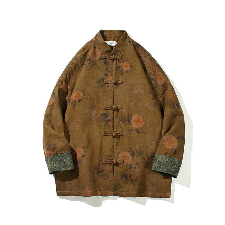 Buddha Stones、葉、花、カエルボタン、唐装、コットンメンズジャケットシャツ