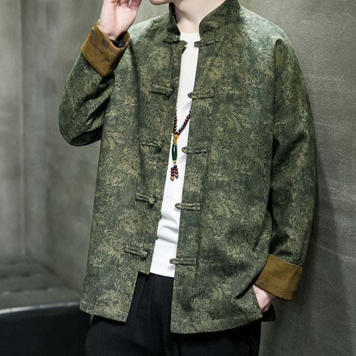 Buddha Stones、葉、花、カエルボタン、唐装、コットンメンズジャケットシャツ  - image 6