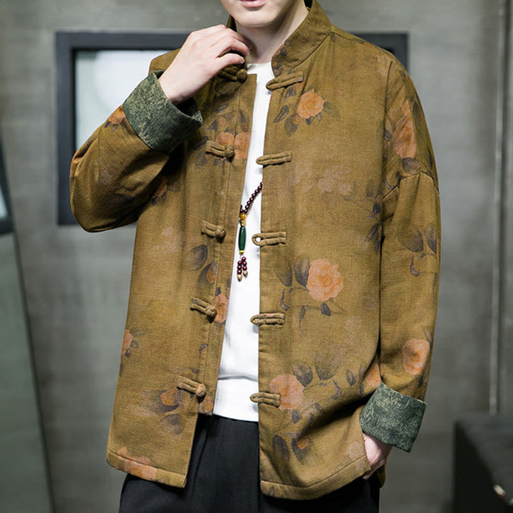 Buddha Stones、葉、花、カエルボタン、唐装、コットンメンズジャケットシャツ  - image 10