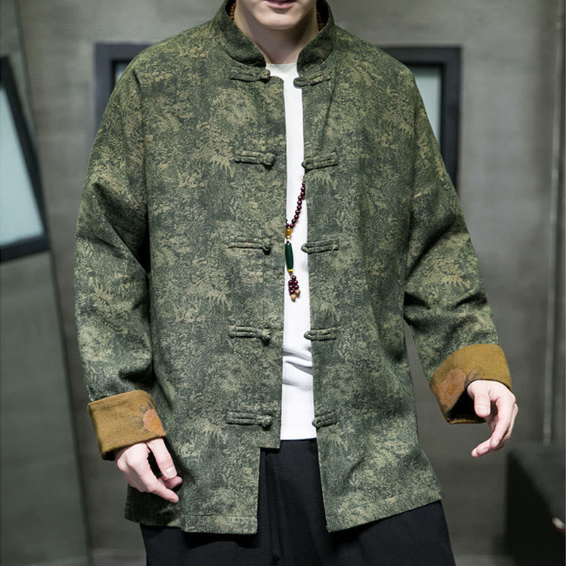 Buddha Stones、葉、花、カエルボタン、唐装、コットンメンズジャケットシャツ  - image 5