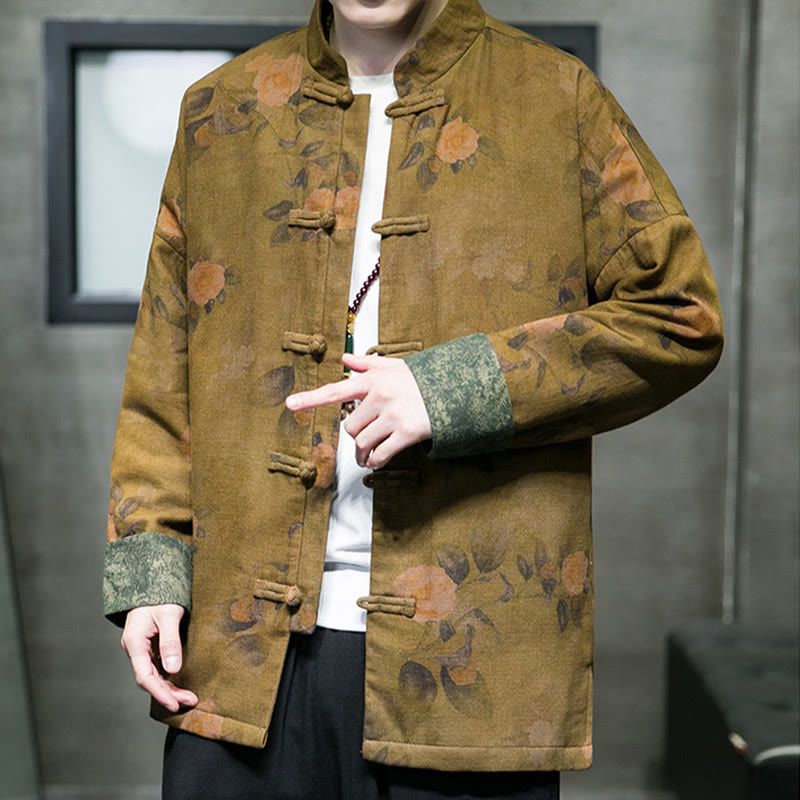 Buddha Stones、葉、花、カエルボタン、唐装、コットンメンズジャケットシャツ  - image 12