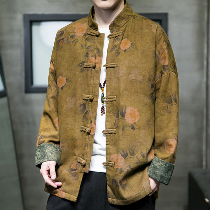 Buddha Stones、葉、花、カエルボタン、唐装、コットンメンズジャケットシャツ  - image 11