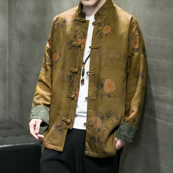 Buddha Stones、葉、花、カエルボタン、唐装、コットンメンズジャケットシャツ  - image 16