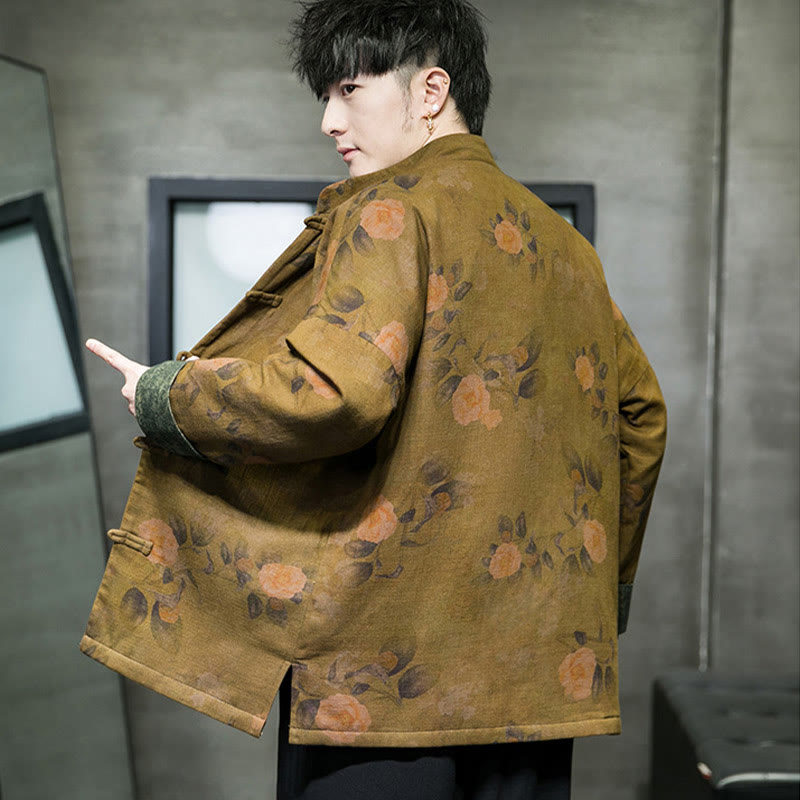 Buddha Stones、葉、花、カエルボタン、唐装、コットンメンズジャケットシャツ  - image 17