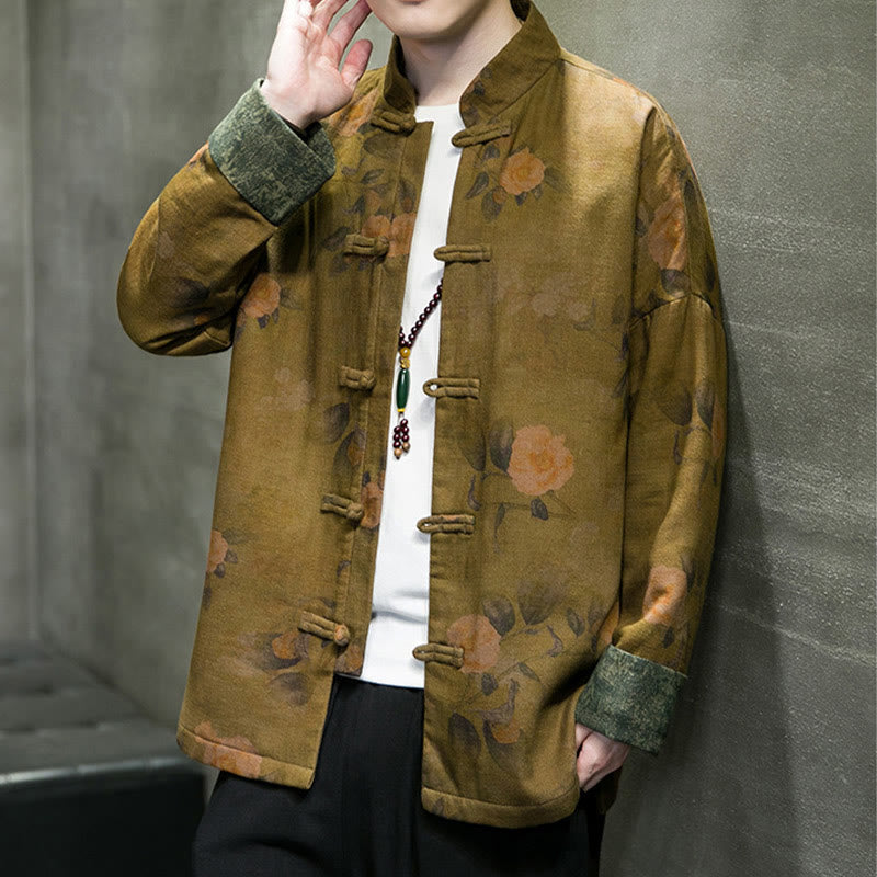 Buddha Stones、葉、花、カエルボタン、唐装、コットンメンズジャケットシャツ  - image 15