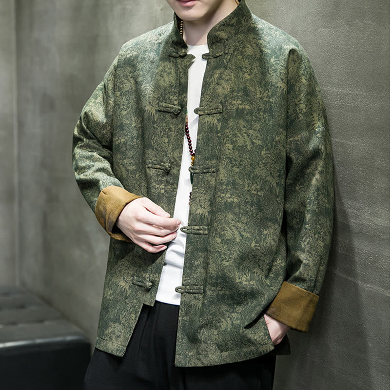 Buddha Stones、葉、花、カエルボタン、唐装、コットンメンズジャケットシャツ  - image 2