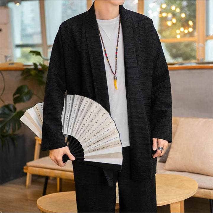 Buddha Stones秋冬 シンプル ゆったり 無地 リネン混 メンズ ミドル丈コート - image 8