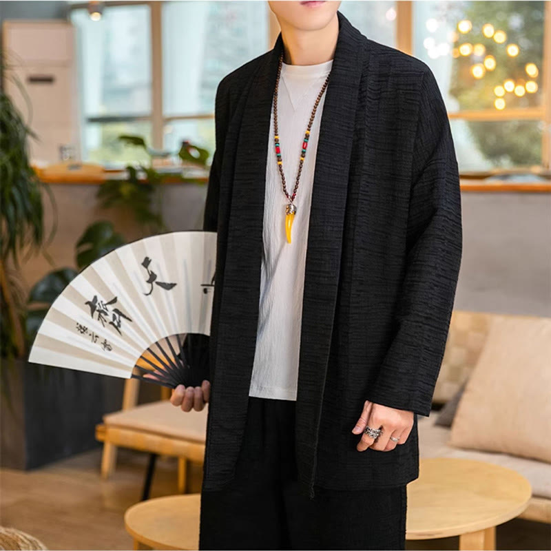 Buddha Stones秋冬 シンプル ゆったり 無地 リネン混 メンズ ミドル丈コート - image 7