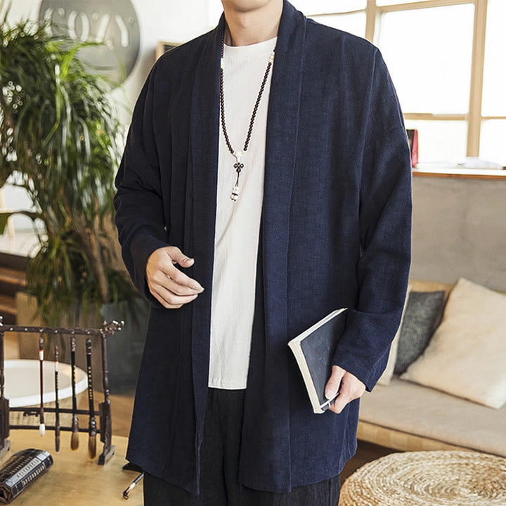 Buddha Stones秋 シンプル カジュアル コットンリネン メンズ ミドル丈コート 服 - ミッドナイトブルー - US/UK/AU42、 EU52 (3XL) - image 7