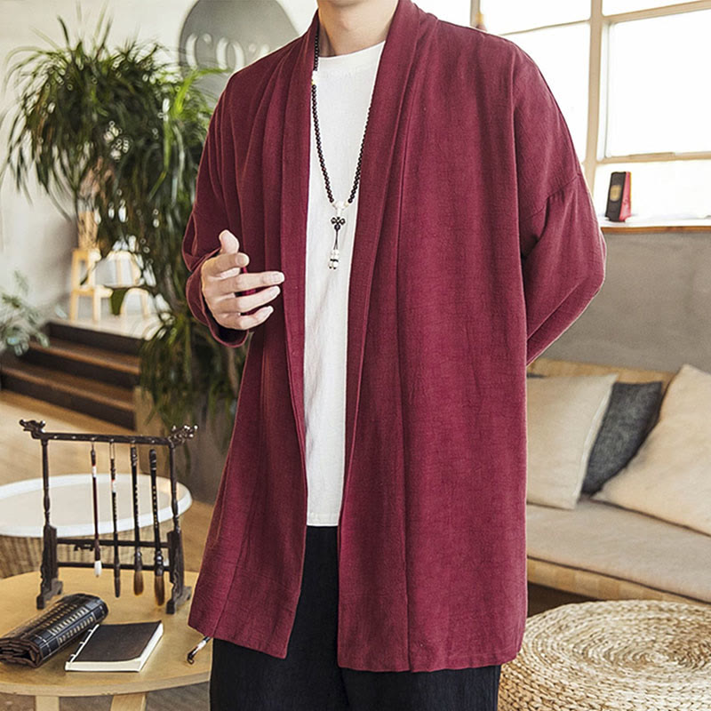 Buddha Stones秋 シンプル カジュアル コットンリネン メンズ ミドル丈コート 服 - image 3