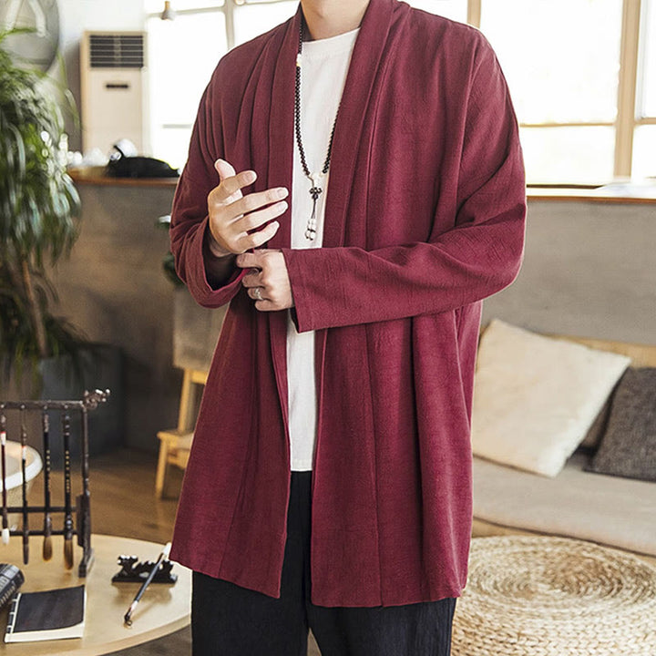 Buddha Stones秋 シンプル カジュアル コットンリネン メンズ ミドル丈コート 服 - ダークレッド - US/UK/AU42、 EU52 (3XL) - image 1