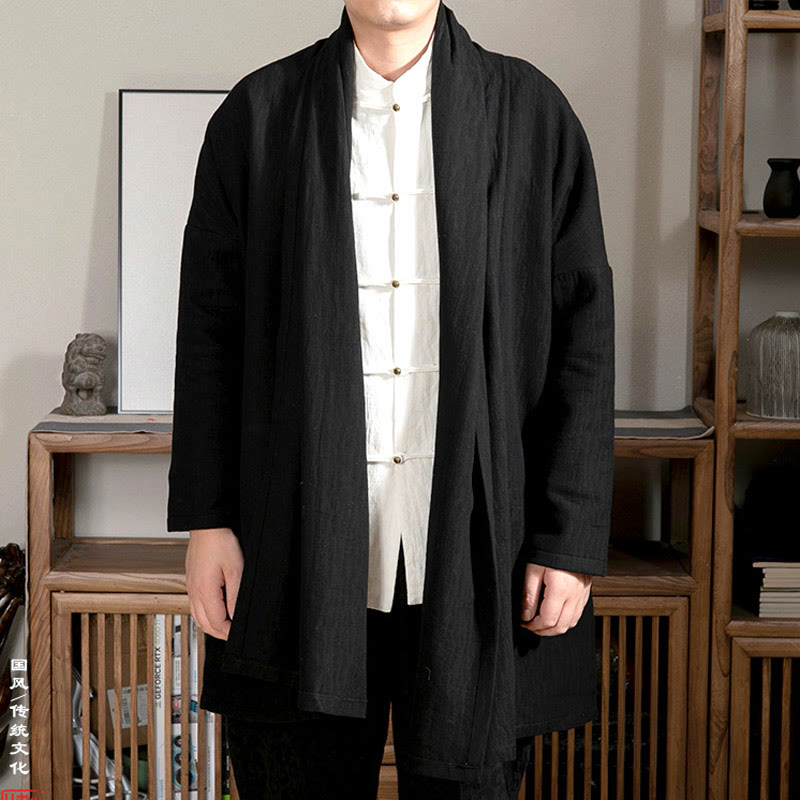 Buddha Stones秋 シンプル ジャカード 禅 プラッシュ コットン裏地 メンズ ミドル丈コート 衣類 - 黒 - US/UK/AU44、 EU54 (4XL) - image 5