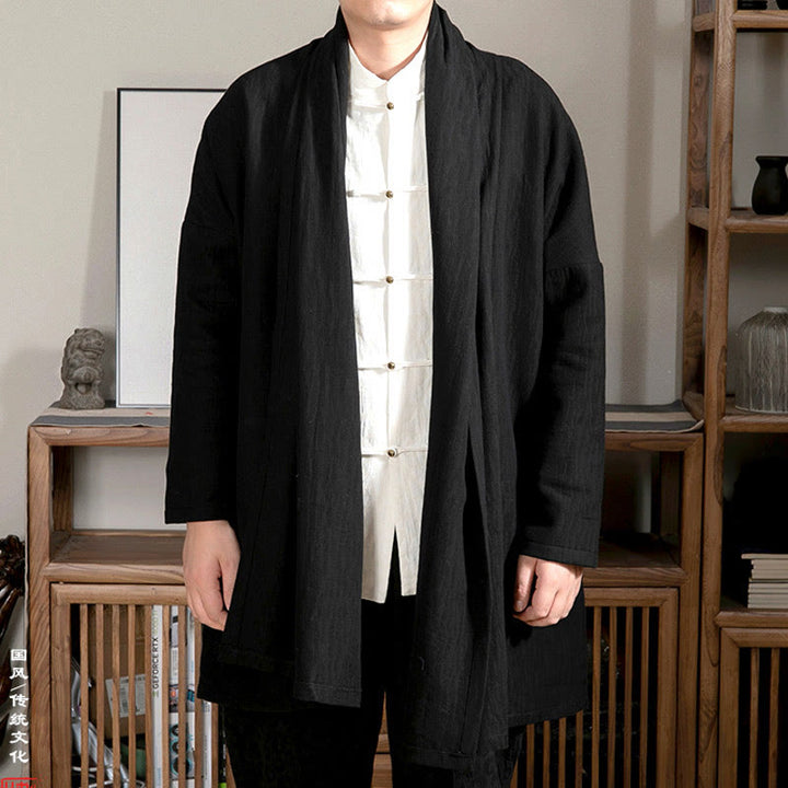 Buddha Stones秋 シンプル ジャカード 禅 プラッシュ コットン裏地 メンズ ミドル丈コート 衣類 - 黒 - US/UK/AU44、 EU54 (4XL) - image 5