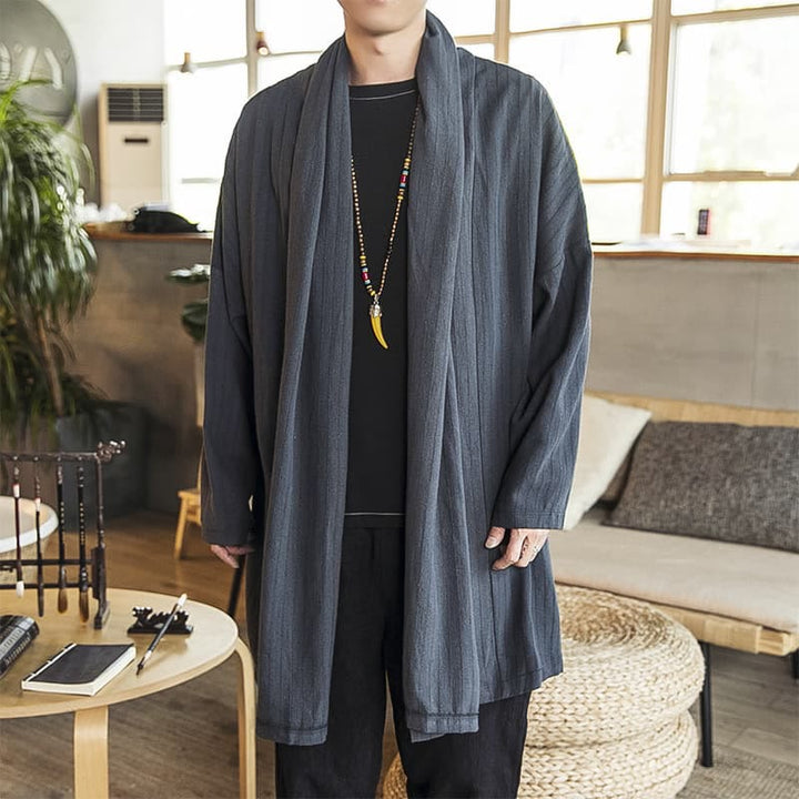 Buddha Stones秋冬 シンプル カジュアル ゆったり 無地 リネン混 メンズ ミドル丈コート - ライトスレートグレー - US/UK/AU42、 EU52 (3XL) - image 1