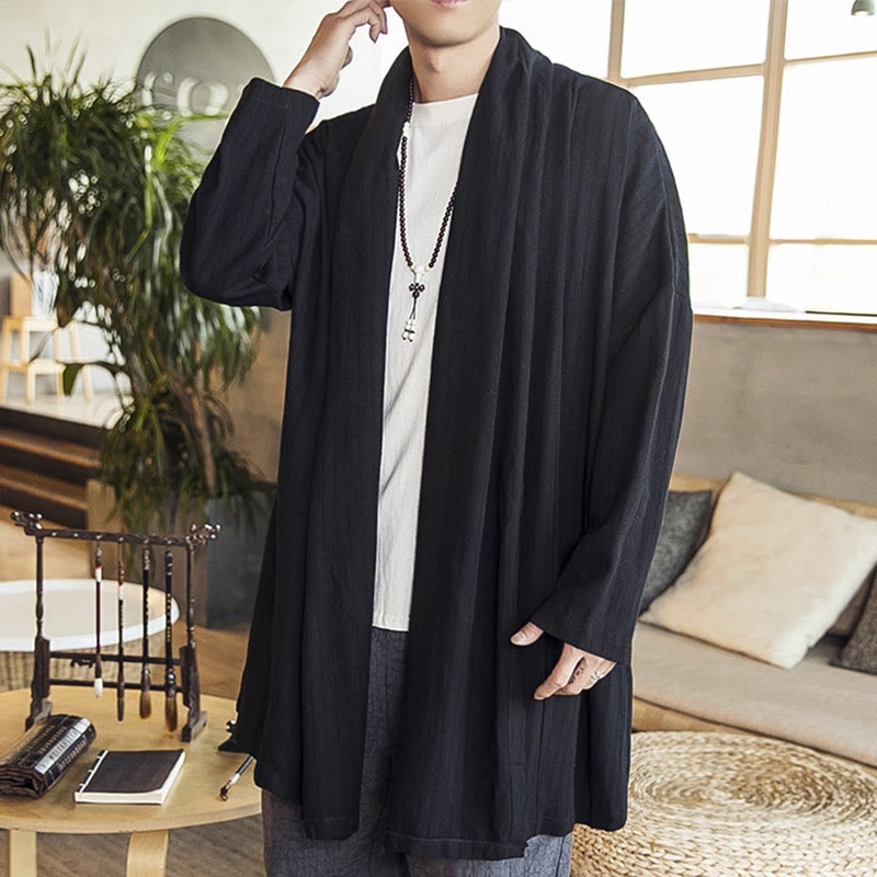 Buddha Stones秋冬 シンプル カジュアル ゆったり 無地 リネン混 メンズ ミドル丈コート - 黒 - US/UK/AU42、 EU52 (3XL) - image 10