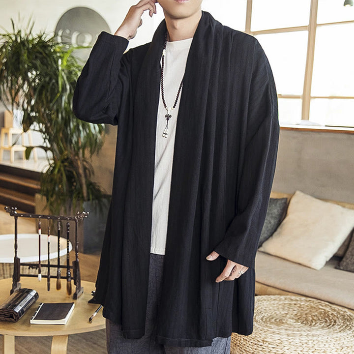 Buddha Stones秋冬 シンプル カジュアル ゆったり 無地 リネン混 メンズ ミドル丈コート - 黒 - US/UK/AU42、 EU52 (3XL) - image 10