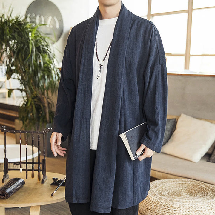 Buddha Stones秋冬 シンプル カジュアル ゆったり 無地 リネン混 メンズ ミドル丈コート - スティールブルー - US/UK/AU42、 EU52 (3XL) - image 16