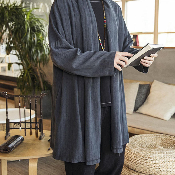 Buddha Stones秋冬 シンプル カジュアル ゆったり 無地 リネン混 メンズ ミドル丈コート - image 3