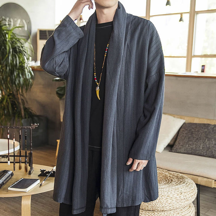 Buddha Stones秋冬 シンプル カジュアル ゆったり 無地 リネン混 メンズ ミドル丈コート - image 4