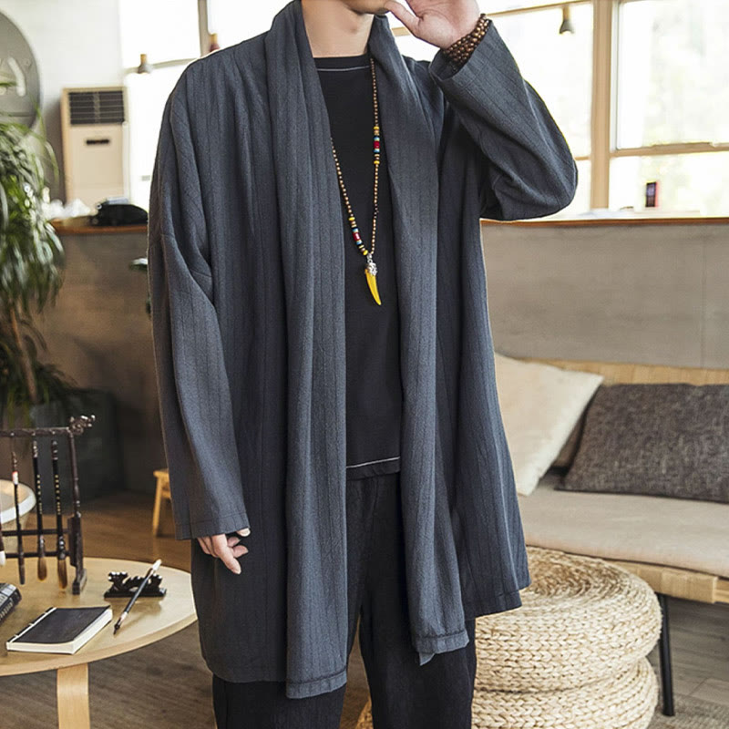 Buddha Stones秋冬 シンプル カジュアル ゆったり 無地 リネン混 メンズ ミドル丈コート - image 3