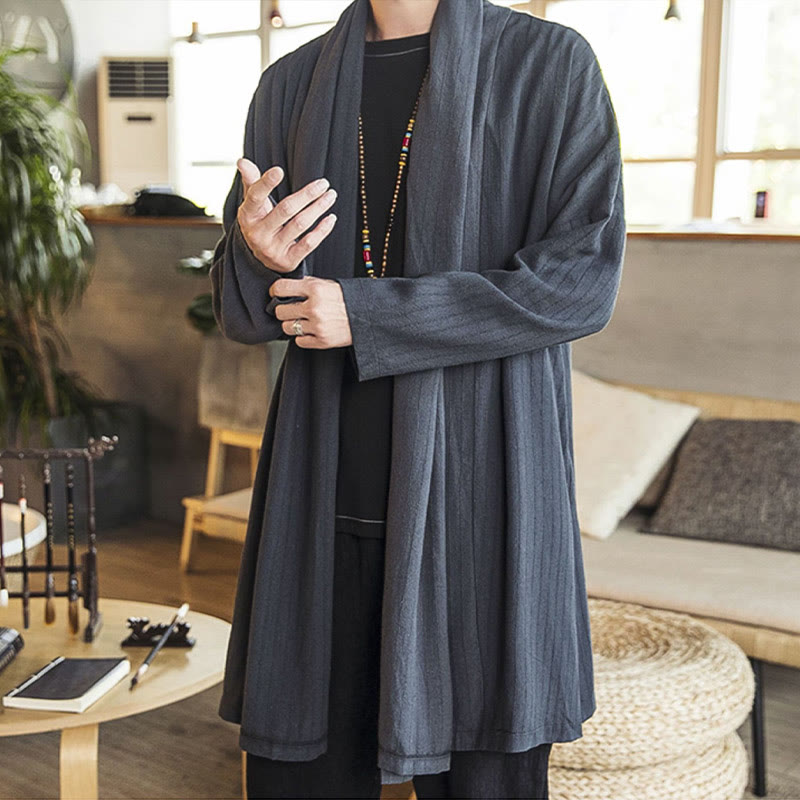 Buddha Stones秋冬 シンプル カジュアル ゆったり 無地 リネン混 メンズ ミドル丈コート - image 2