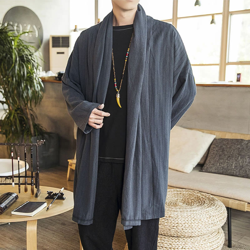 Buddha Stones秋冬 シンプル カジュアル ゆったり 無地 リネン混 メンズ ミドル丈コート - image 8