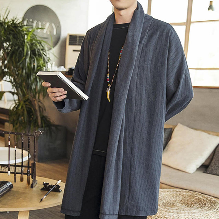 Buddha Stones秋冬 シンプル カジュアル ゆったり 無地 リネン混 メンズ ミドル丈コート - image 5