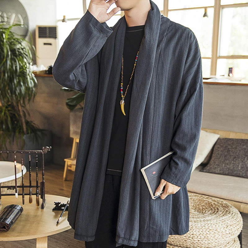 Buddha Stones秋冬 シンプル カジュアル ゆったり 無地 リネン混 メンズ ミドル丈コート - image 7