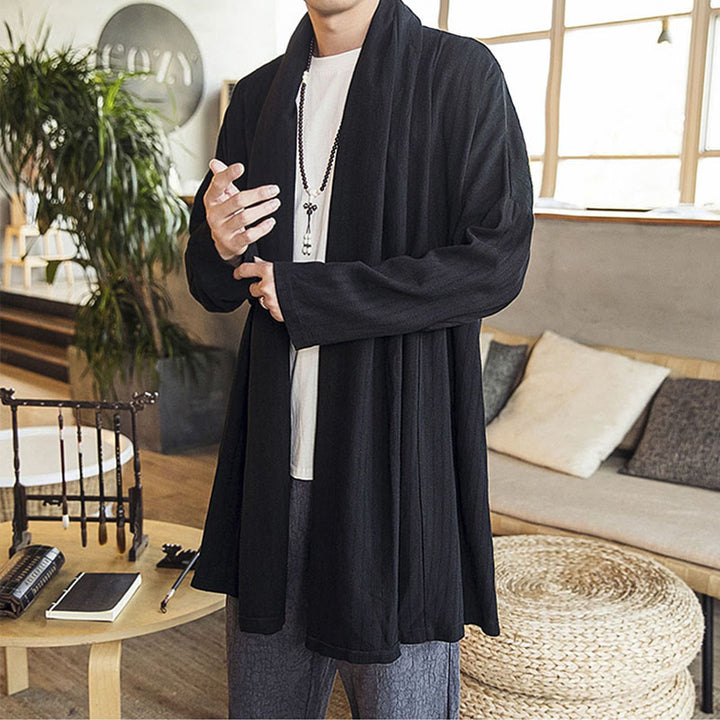 Buddha Stones秋冬 シンプル カジュアル ゆったり 無地 リネン混 メンズ ミドル丈コート - image 12