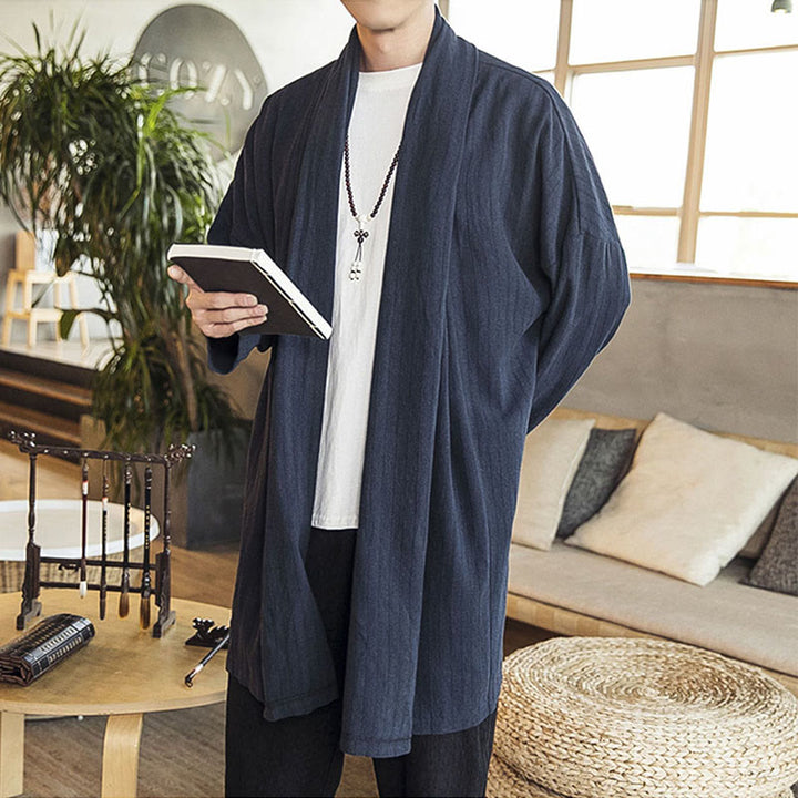 Buddha Stones秋冬 シンプル カジュアル ゆったり 無地 リネン混 メンズ ミドル丈コート - image 17