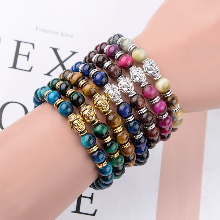 Buddha Stonesブルーグリーンレッドタイガーアイ 仏陀頭 バランスブレスレット