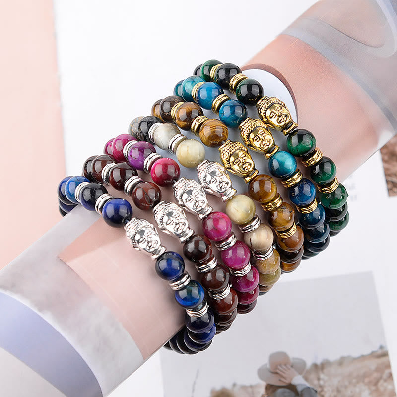 Buddha Stonesブルーグリーンレッドタイガーアイ 仏陀頭 バランスブレスレット