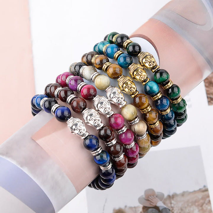 Buddha Stonesブルーグリーンレッドタイガーアイ 仏陀頭 バランスブレスレット