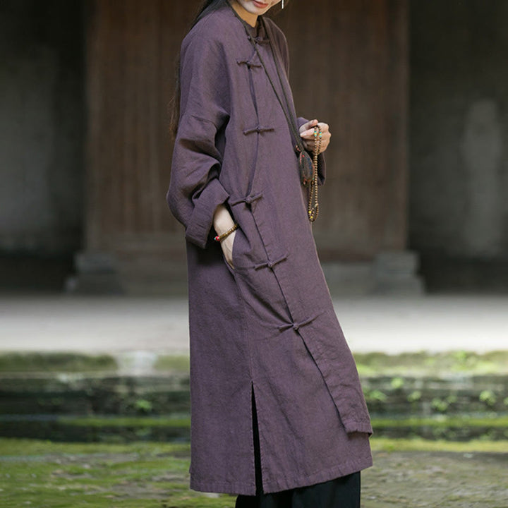 Buddha Stones無地フロッグボタン 長袖 ラミーリネンコットン ミディドレス ポケット付き - image 21