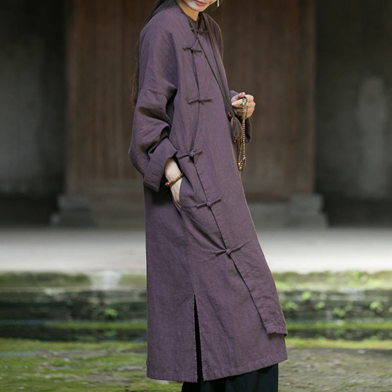 Buddha Stones無地フロッグボタン 長袖 ラミーリネンコットン ミディドレス ポケット付き - image 21