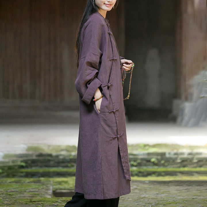 Buddha Stones無地フロッグボタン 長袖 ラミーリネンコットン ミディドレス ポケット付き - image 18