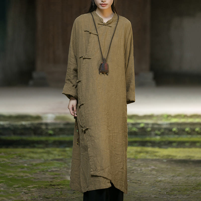 Buddha Stones無地フロッグボタン 長袖 ラミーリネンコットン ミディドレス ポケット付き - image 1