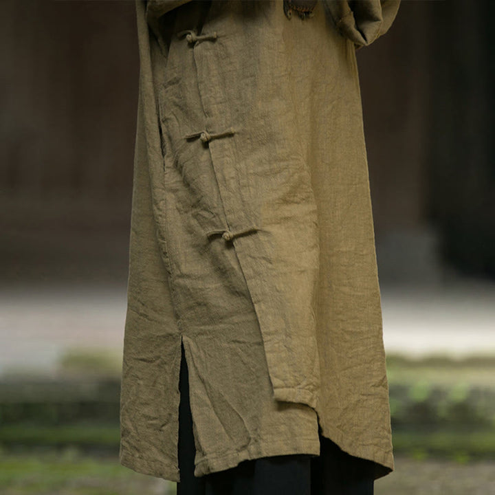 Buddha Stones無地フロッグボタン 長袖 ラミーリネンコットン ミディドレス ポケット付き - image 15