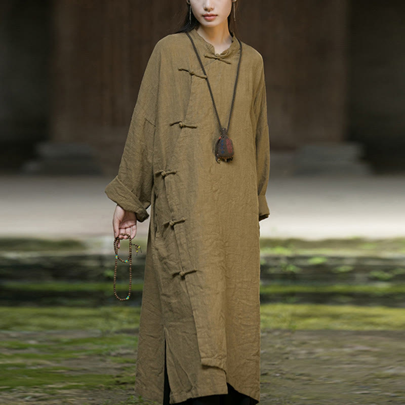 Buddha Stones無地フロッグボタン 長袖 ラミーリネンコットン ミディドレス ポケット付き - image 3