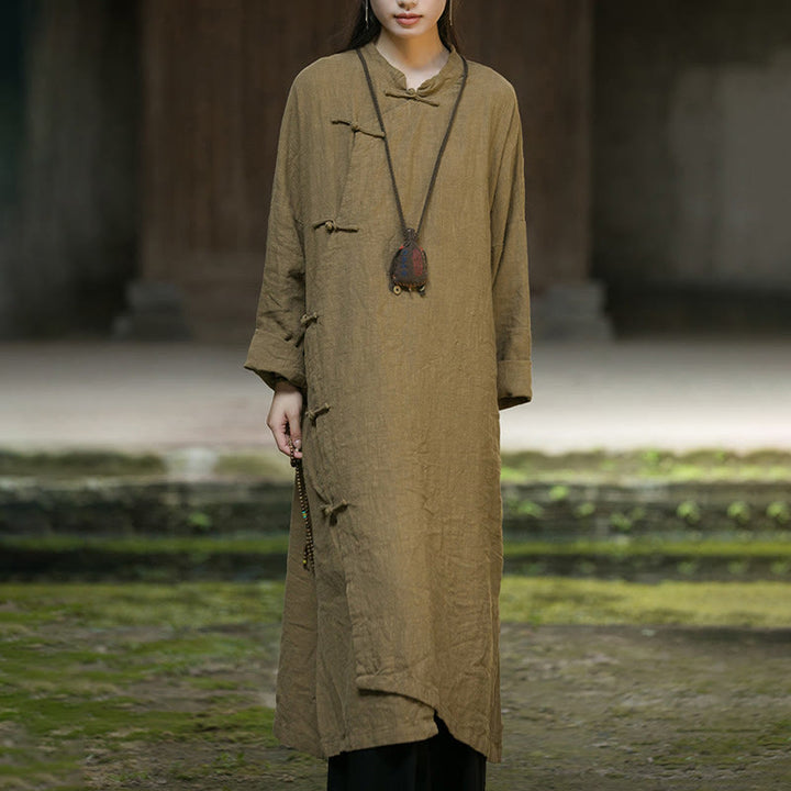Buddha Stones無地フロッグボタン 長袖 ラミーリネンコットン ミディドレス ポケット付き - image 1